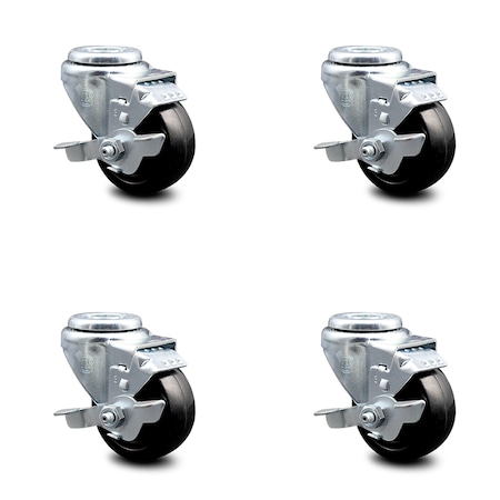 Service Caster 3 Inch Hard Rubber Wheel Swivel Bolt Hole Caster Set with Brake SCC-BH20S314-HRS-TLB-4